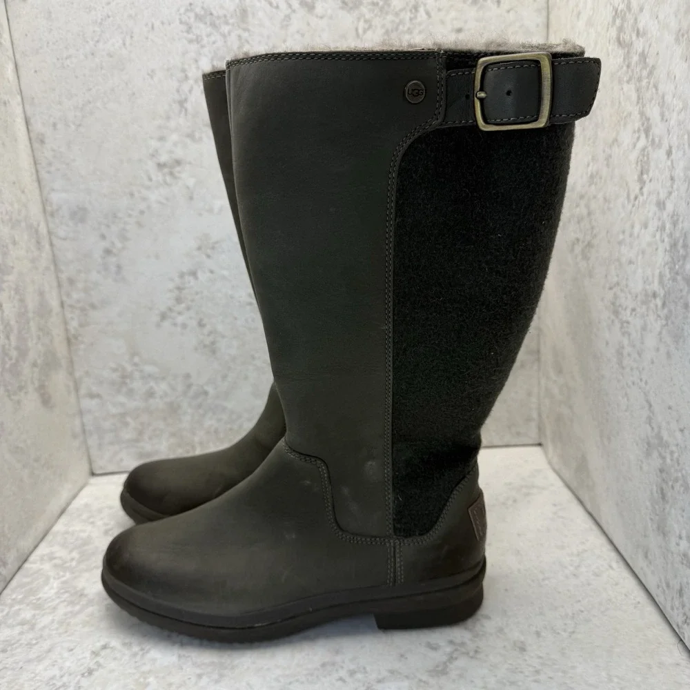New UGG Simmens Women's Size 6 Forest Green Tall Waterproof Leather Wool Boots